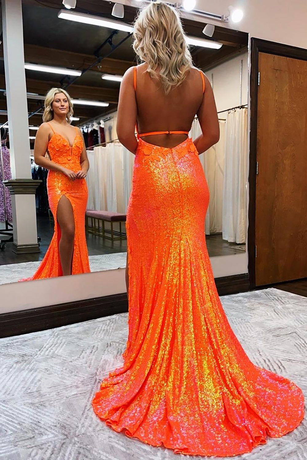 Long Prom Dress with Orange Spaghetti Straps Sequins and Appliques in a Mermaid Style