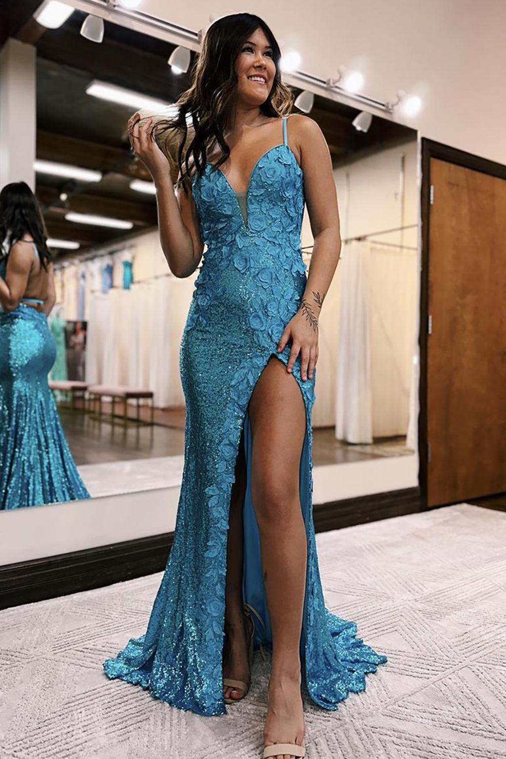 Long Prom Dress with Orange Spaghetti Straps Sequins and Appliques in a Mermaid Style