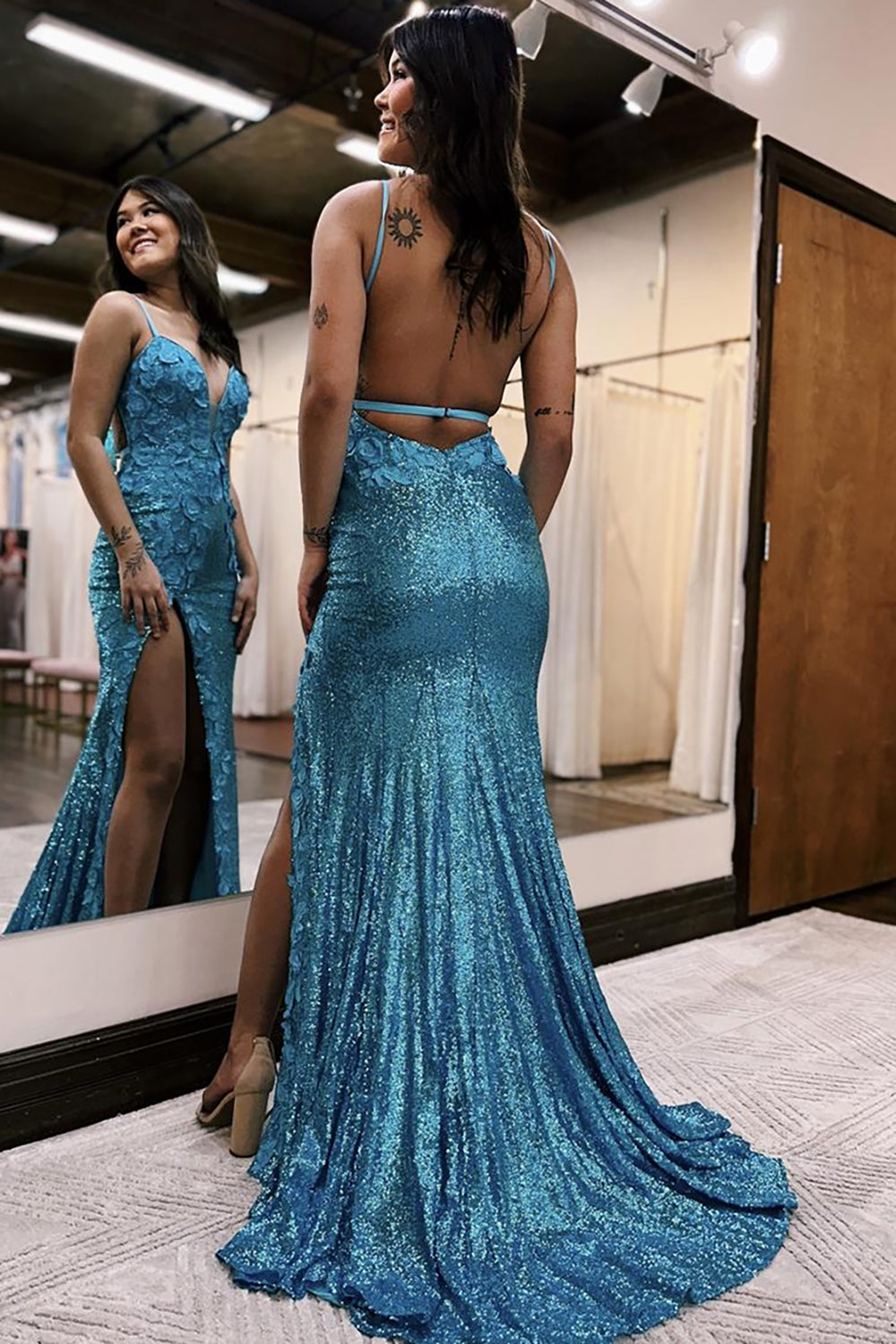 Long Prom Dress with Orange Spaghetti Straps Sequins and Appliques in a Mermaid Style