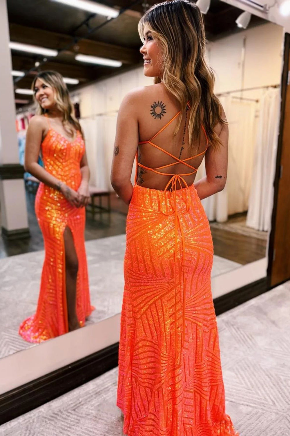 Long Orange Sequined Prom Dress with Criss Cross Back and Sheath Spaghetti Straps