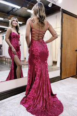 Long Fuchsia Prom Dress with Sequins Spaghetti Straps and Mermaid Silhouette Featuring Appliques