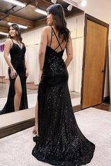 Long Black Prom Dress with Mermaid Silhouette Spaghetti Straps Sequins and Appliques