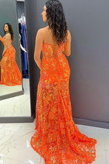 Long Orange Sequined Prom Dress with Sweetheart Neckline and Front Split