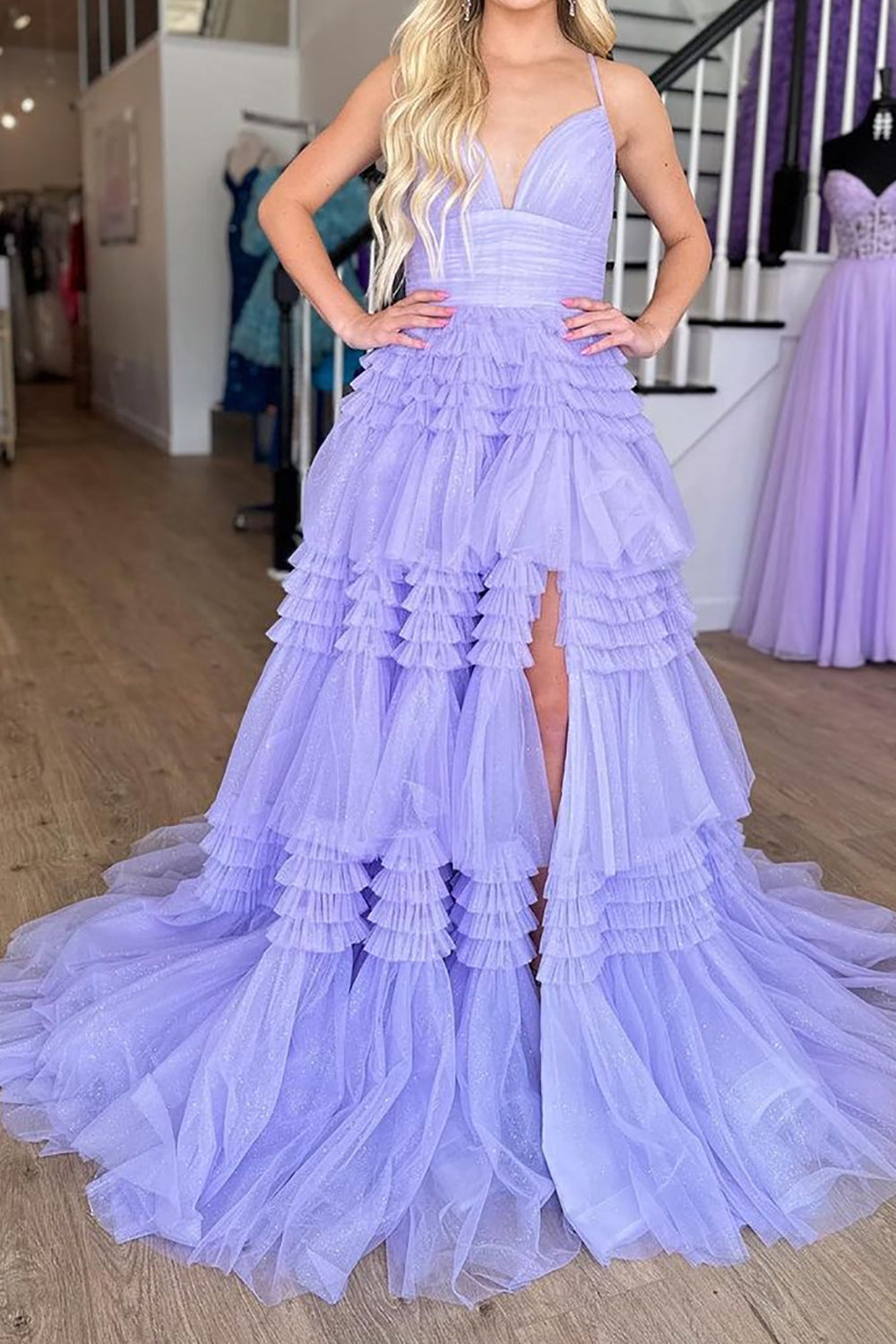 Long Prom Dress in Light Purple Tulle with Tiered Layers and Spaghetti Straps Featuring a Slit