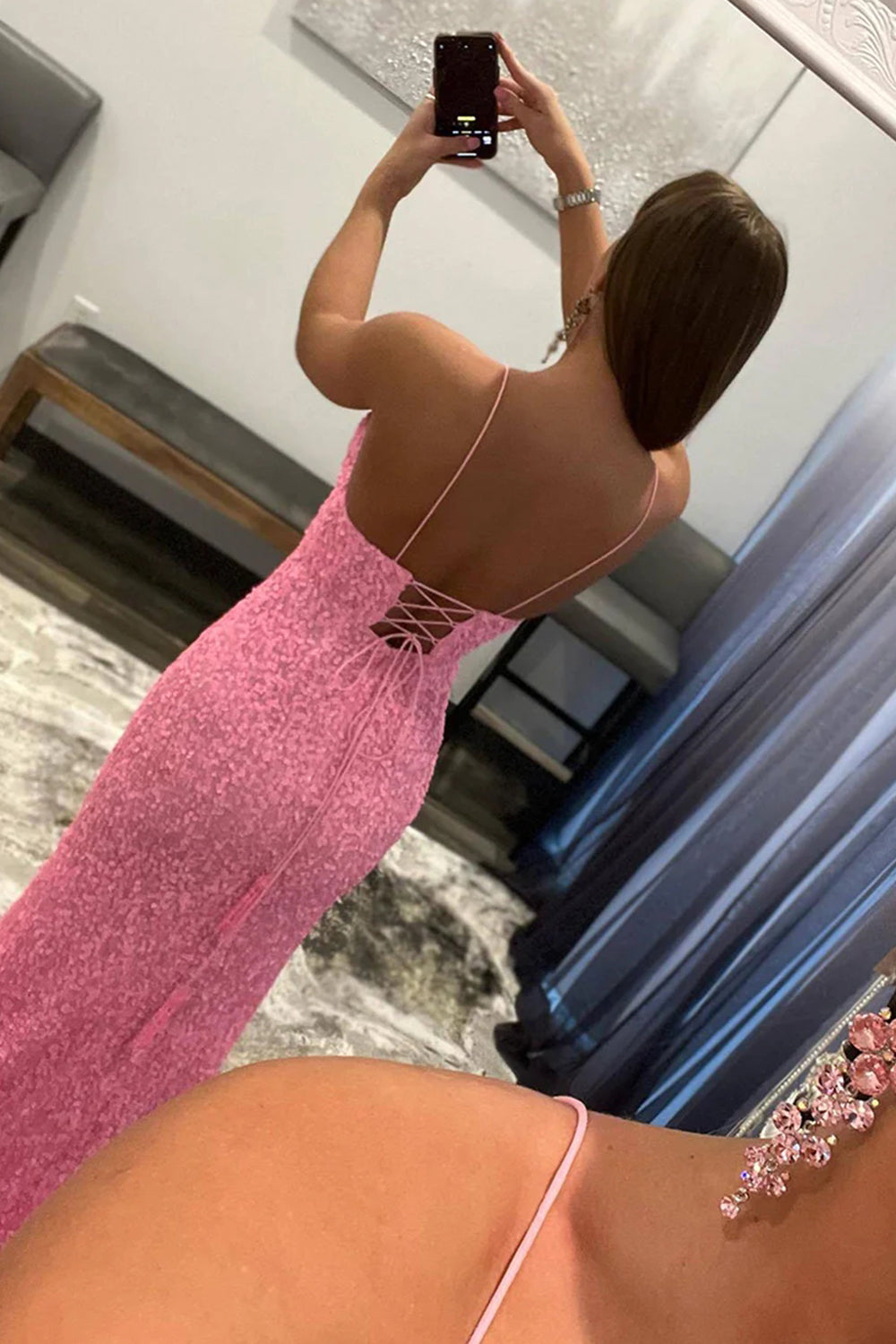 Pink Sparkly Prom Dress with Detachable Sequined Train and Slit