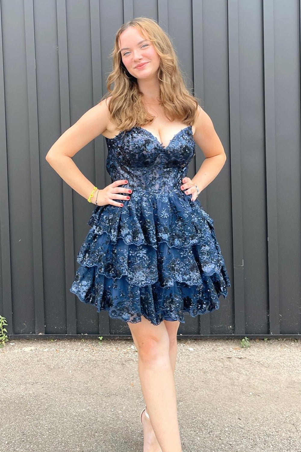 Sparkly Blue Corset Top Spaghetti Straps A-Line Lace Short Homecoming Dress/Mini Dress
