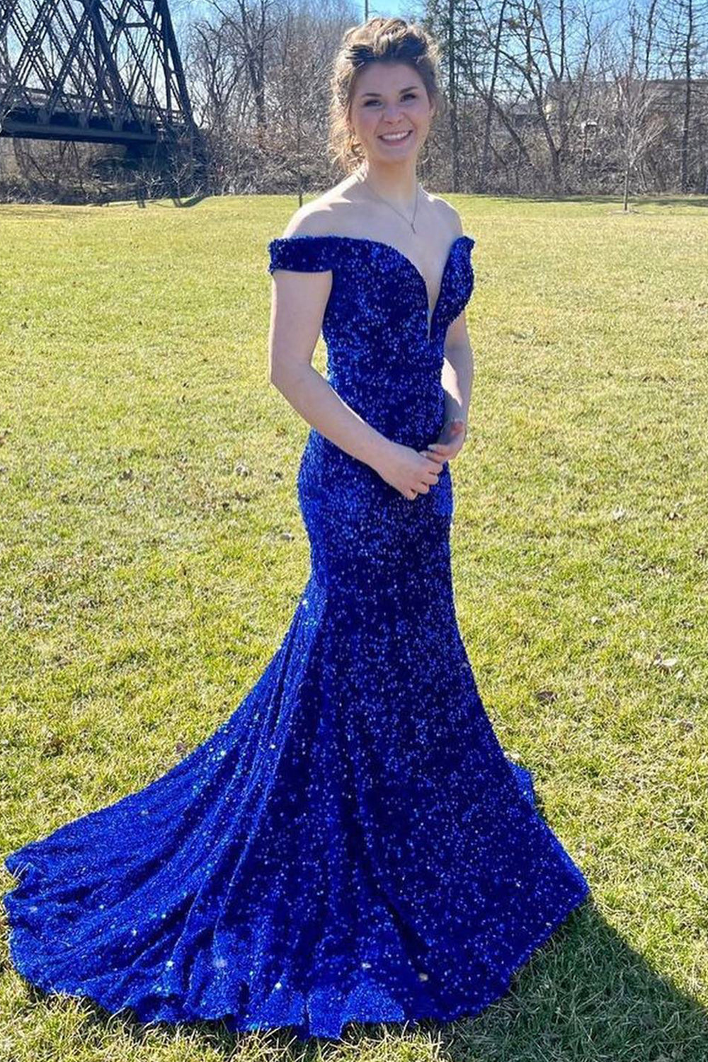 Royal Blue Sequined Mermaid Prom Dress with Sweep Train and Off-Shoulder Neckline