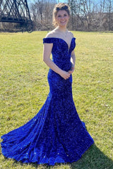 Royal Blue Sequined Mermaid Prom Dress with Sweep Train and Off-Shoulder Neckline