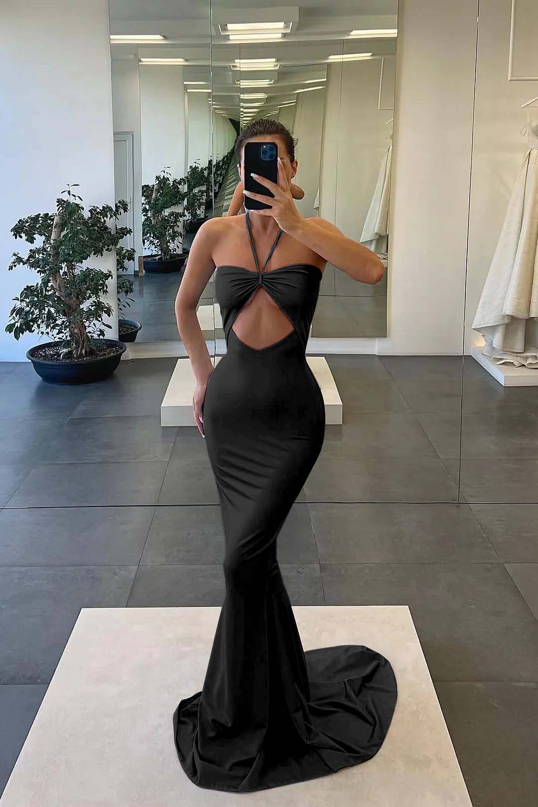Strapless Blue Mermaid Evening Dress With Sleeveless Halter