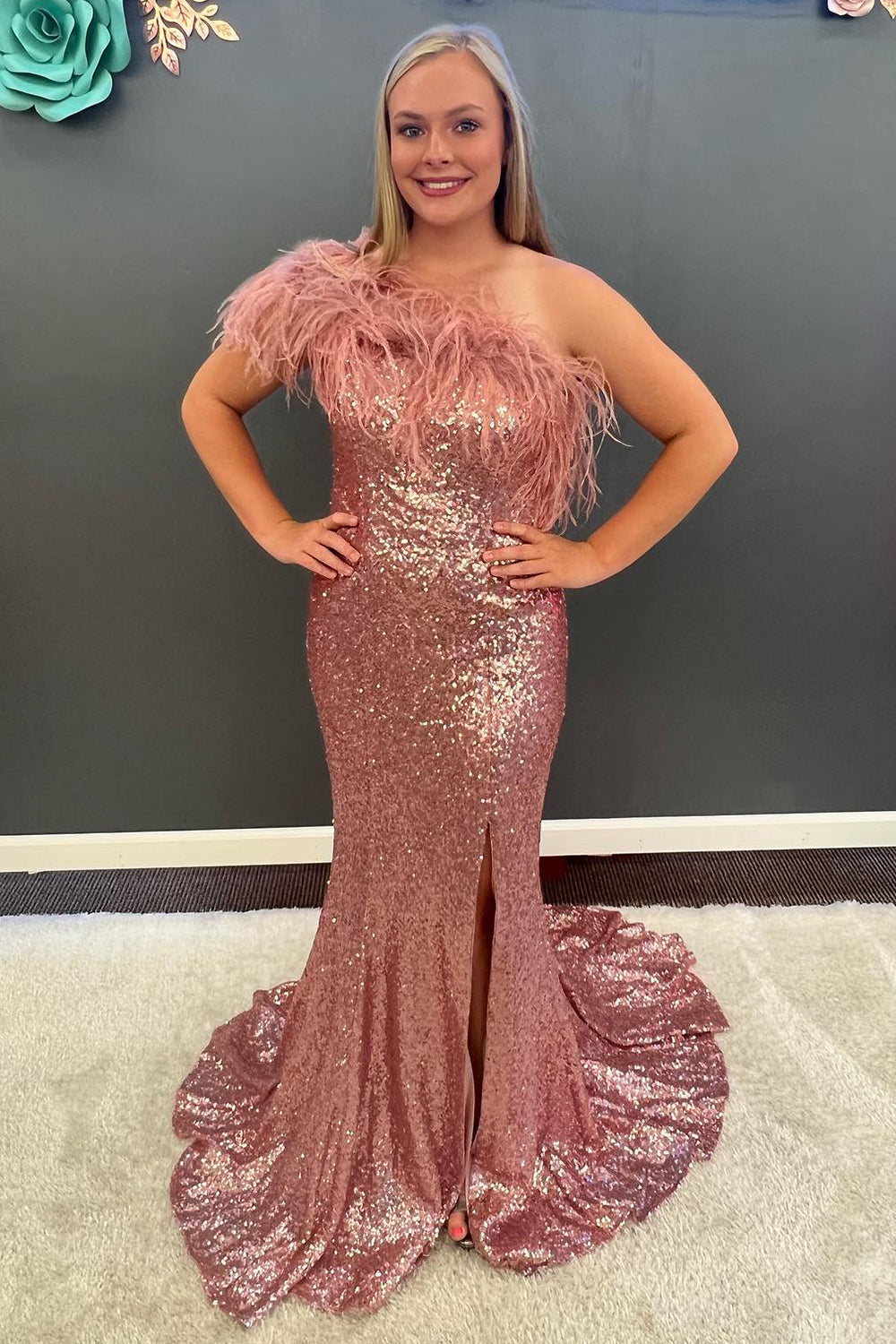 White Sequined Plus Size Mermaid Prom Dress with Feathers Strapless