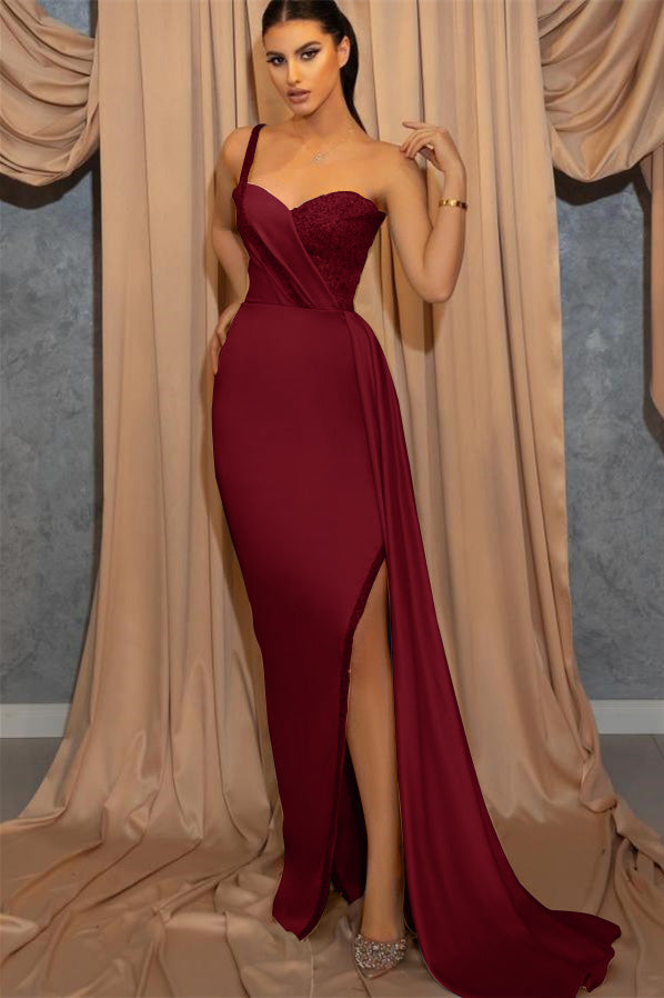 Sky Blue One Shoulder Spaghetti-Straps Slit Sweetheart Mermaid Evening Dress With Sequins