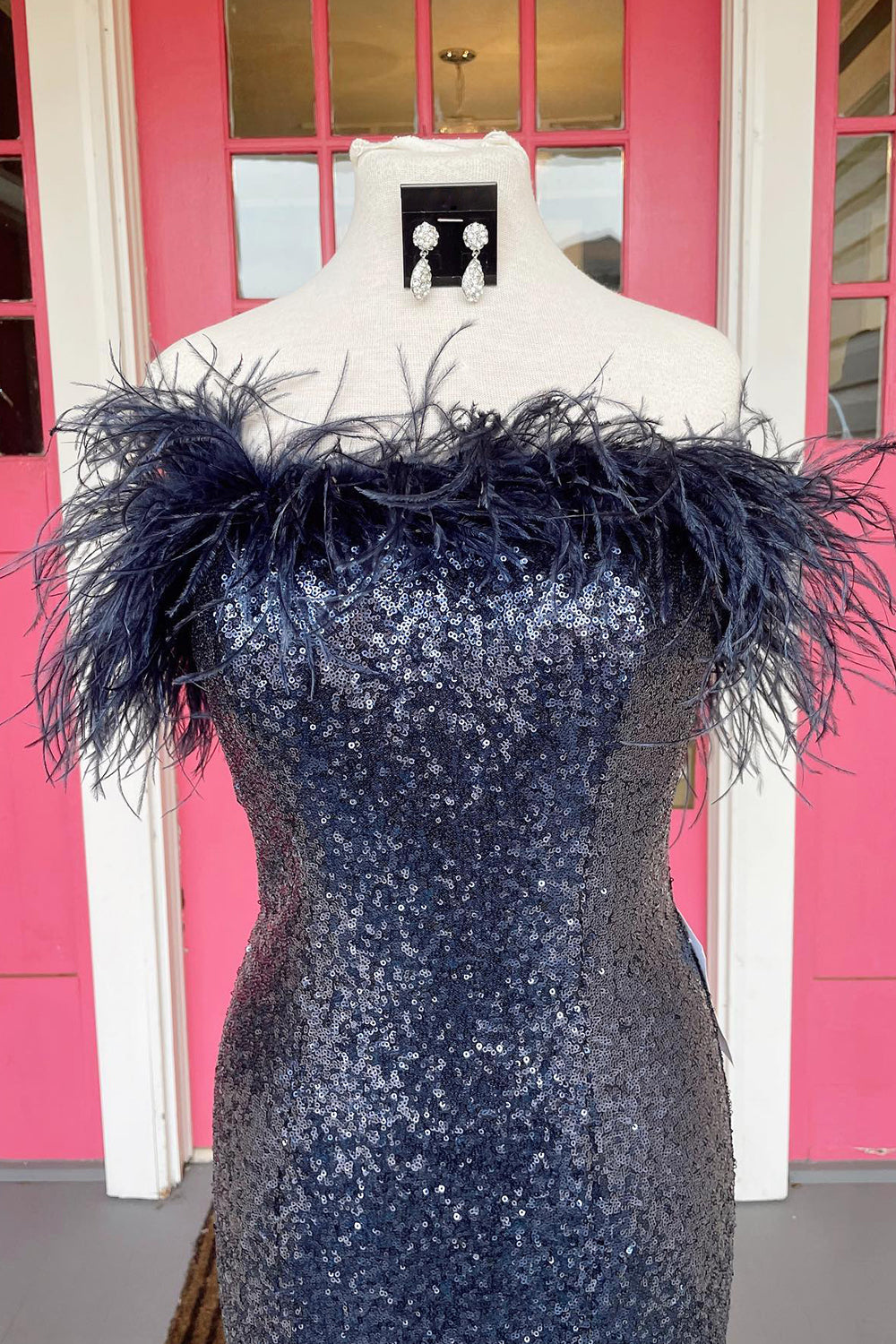 Light Blue Mermaid Prom Dress with Sequins and Feathers Strapless Long Style