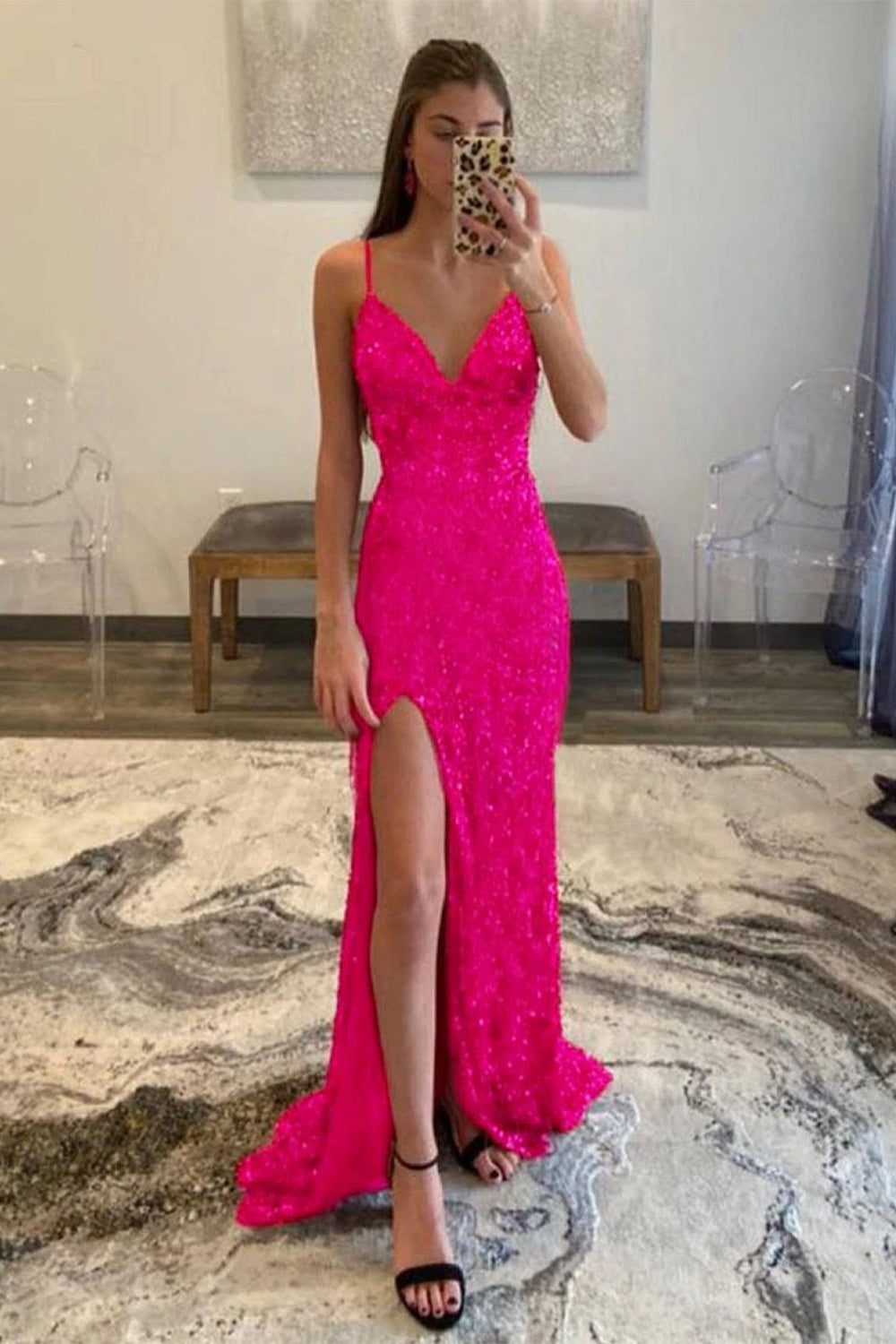 Prom Dress with Red Sequins and Glitter Featuring a Slit