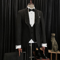 Stylish Slim-Fit Black Wedding Men's Suits with Special Jacquard Lapel