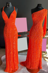 Orange Sequined Long-Sleeve Prom Dress with a Mermaid One-Shoulder Design
