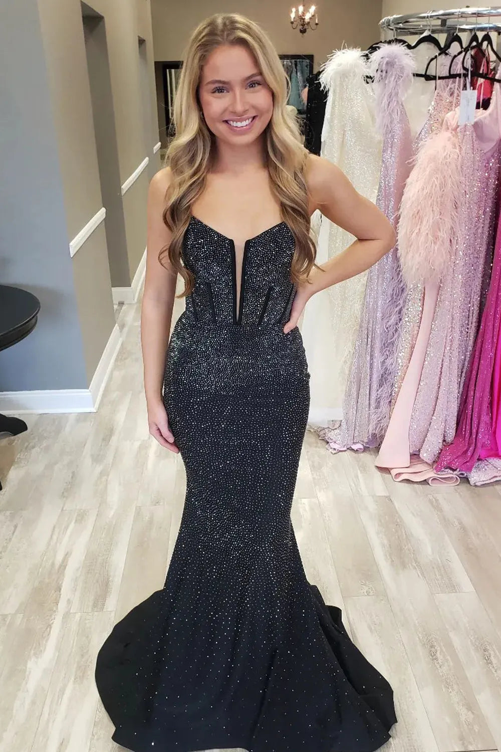 Long Fuchsia Mermaid Prom Dress with Glitter Beading and Spaghetti Straps