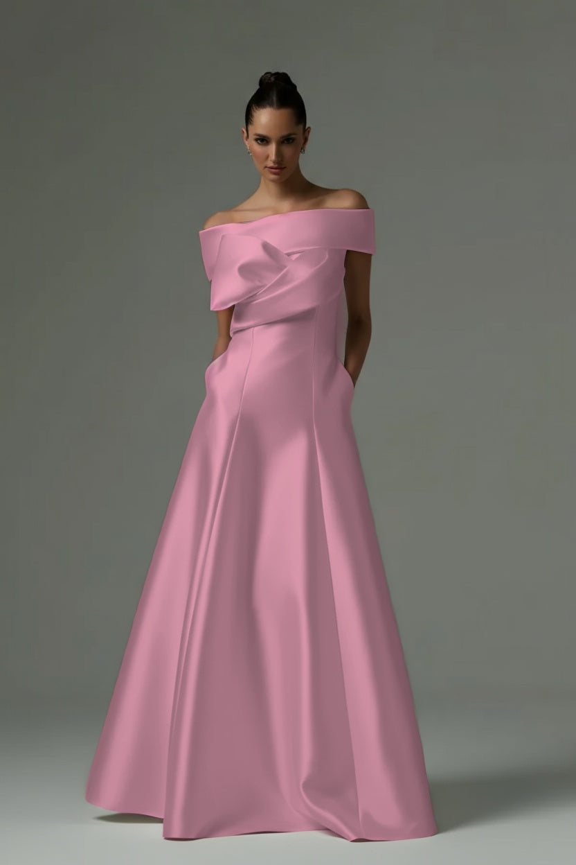 Off the Shoulder Sleeveless Long Formal Dress With Pleated Pocket