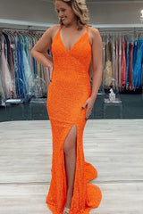Backless Prom Dress with Orange Sequins and Slit