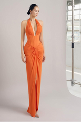 Sleeveless Halter Long Mermaid Split Formal Dress With Pleated