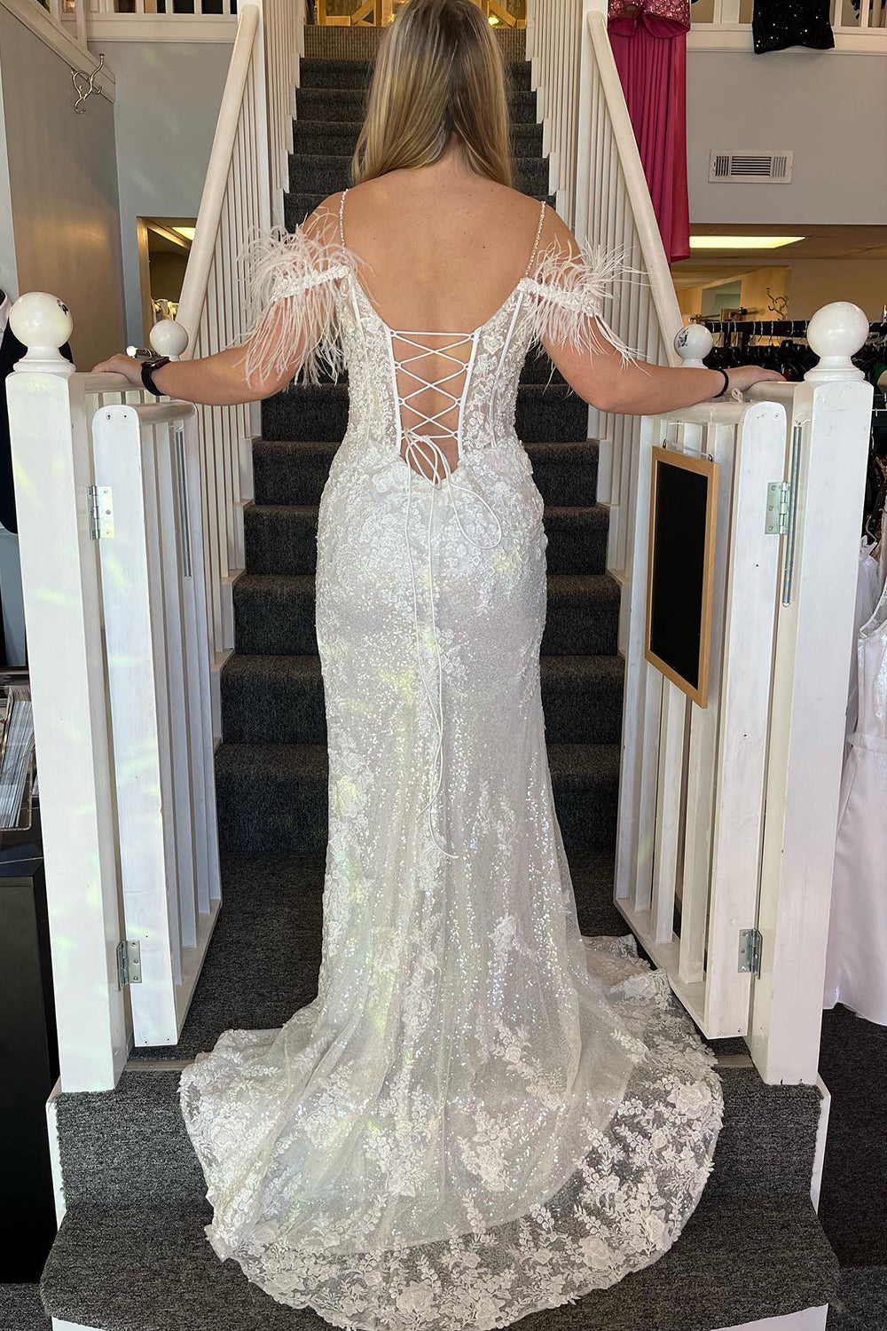 Mermaid Prom Dress with Lavender Appliques and Feathers