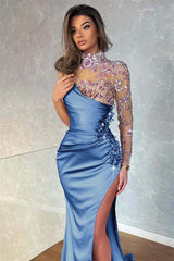 Dark Purple Appliques Mermaid High Collar Evening Dress With Beadings Split