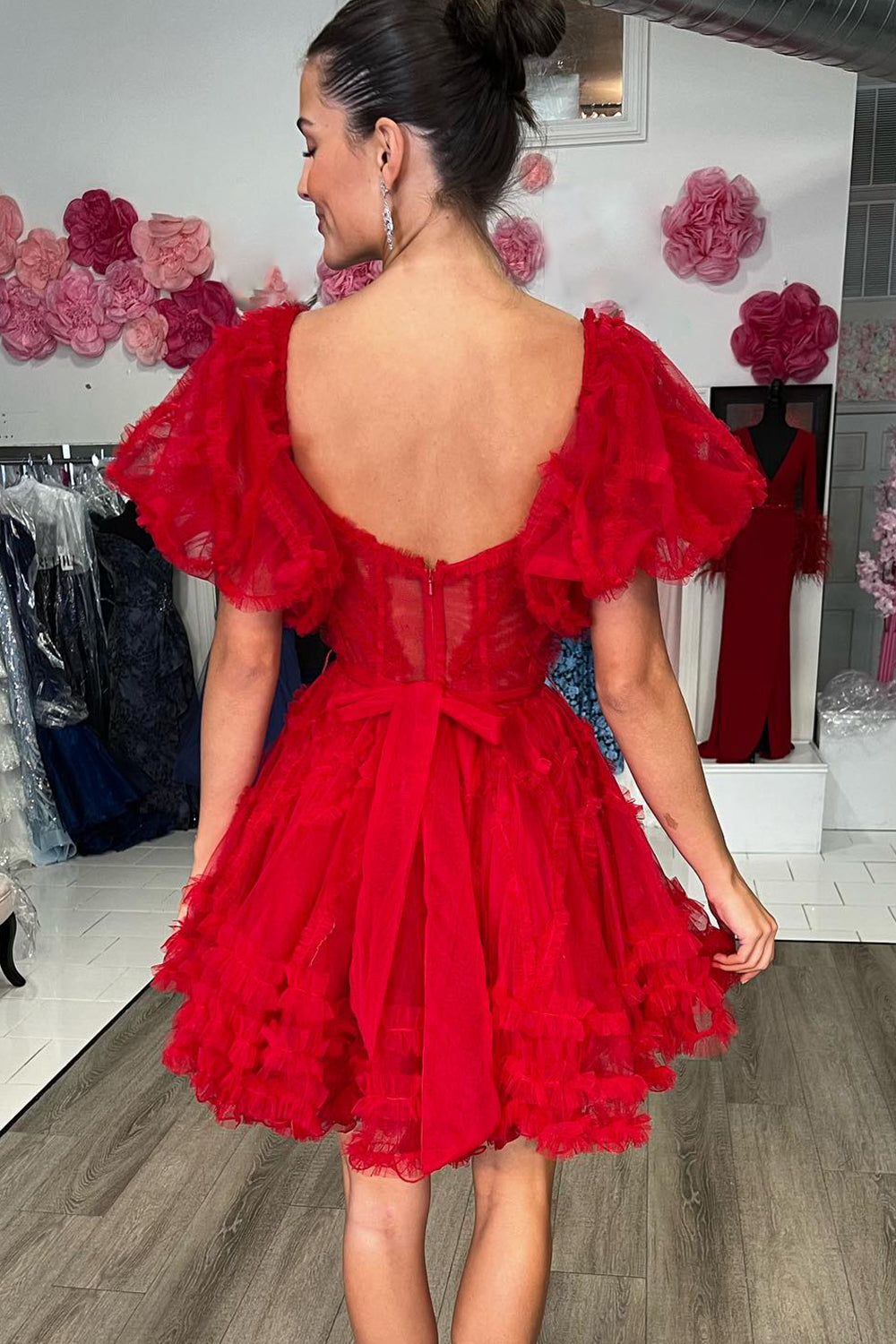 Red Corset A-Line Short Homecoming Dress/Mini Dress with Sleeves