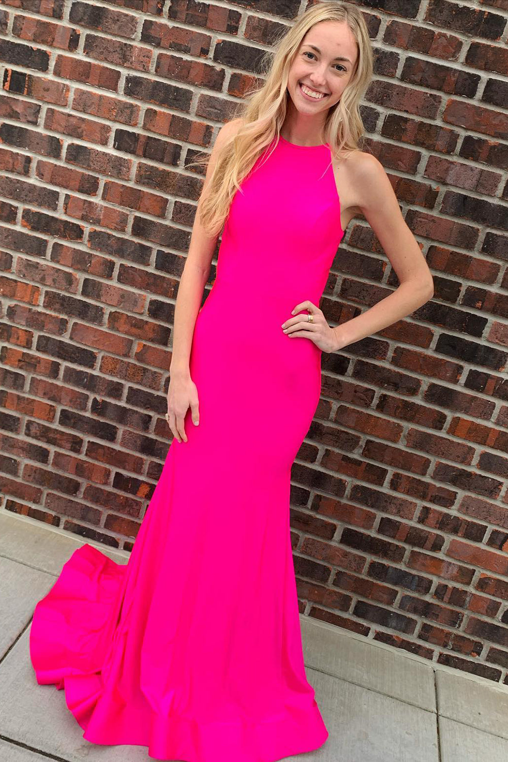Long Mermaid Prom Dress with Pink Halter and Keyhole