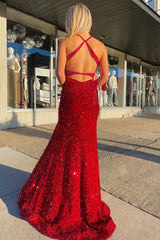 Red Sequined Mermaid Prom Dress with Deep V Neck and Open Back