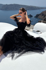 Black A-Line Corset Ruffled Tulle Homecoming Dress/Mini Dress