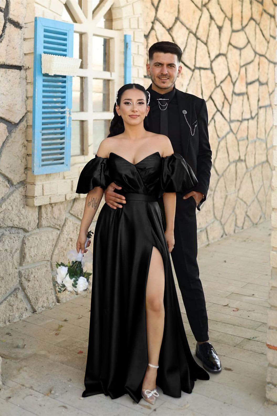 Off-The-Shoulder Dusty Blue Puff Sleeves Evening Dress With Front Split Sweetheart