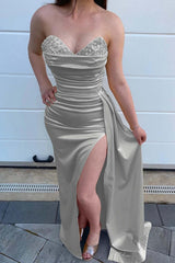Yellow Beads Mermaid Sweetheart Evening Dress Split With Ruffles