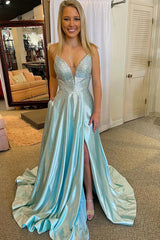Long V-Neck Prom Dress in Light Blue Featuring a Criss Cross Back