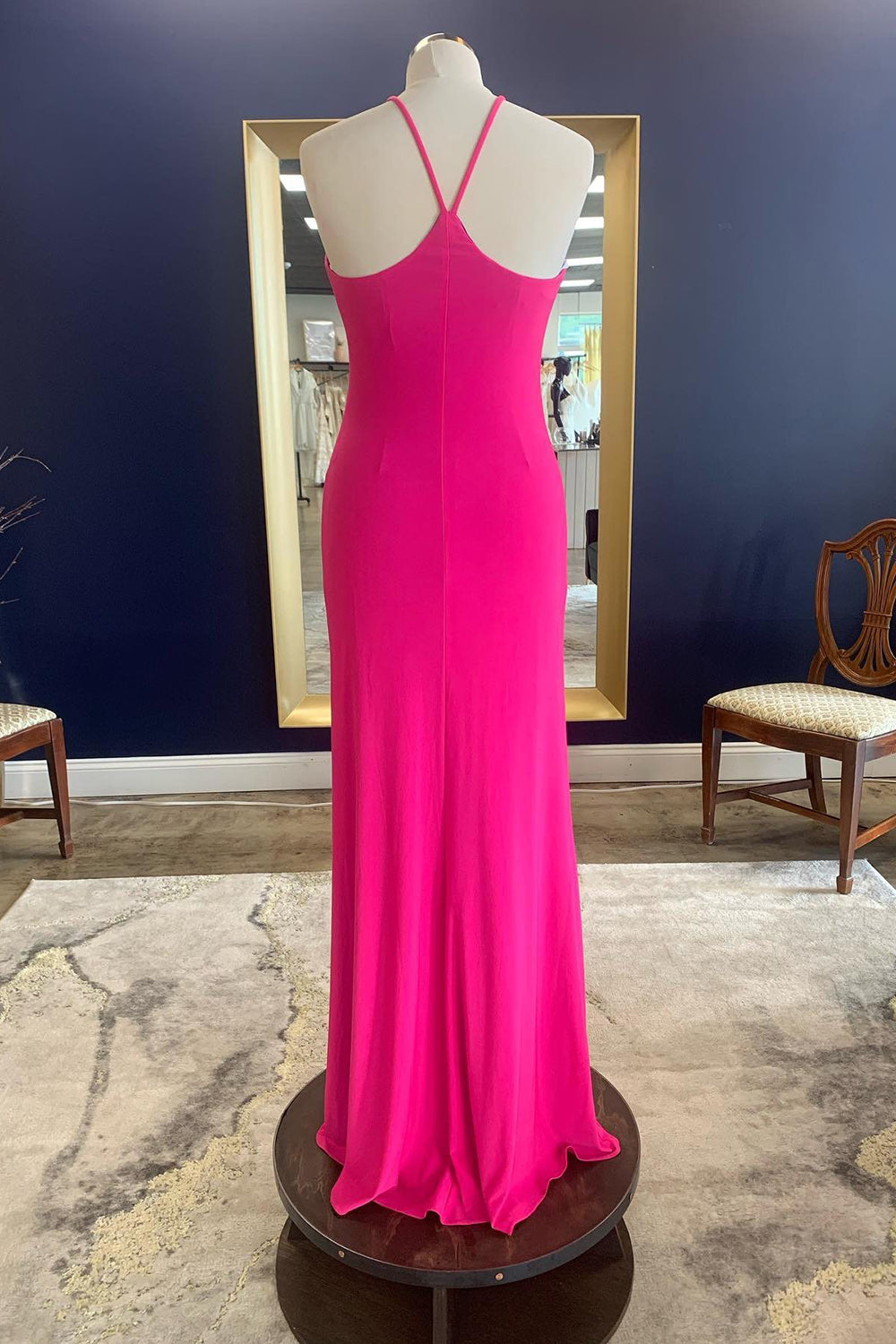 Long Hot Pink Prom Dress with Silt in a Sheath Halter Style