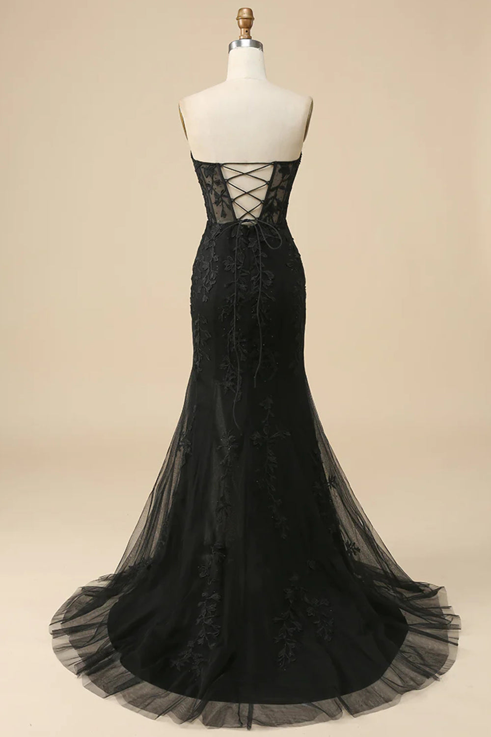 Long Black Sweetheart Corset Prom Dress Featuring Lace and a Slit