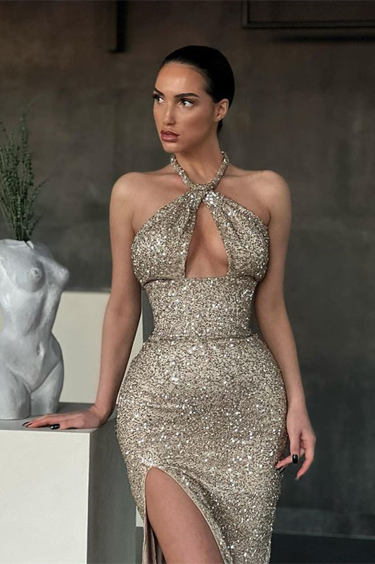 Halter Sleeveless Mermaid Long Sequins Evening Dress With Split