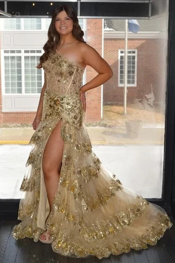 Navy Lace Corset Prom Dress with Sparkly Ruffles and One Shoulder A-Line