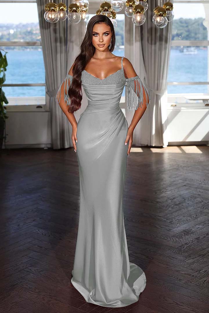Luxury Hot Pink Spaghetti Strap Mermaid Long Evening Dress With Chic Tassels and Sequins