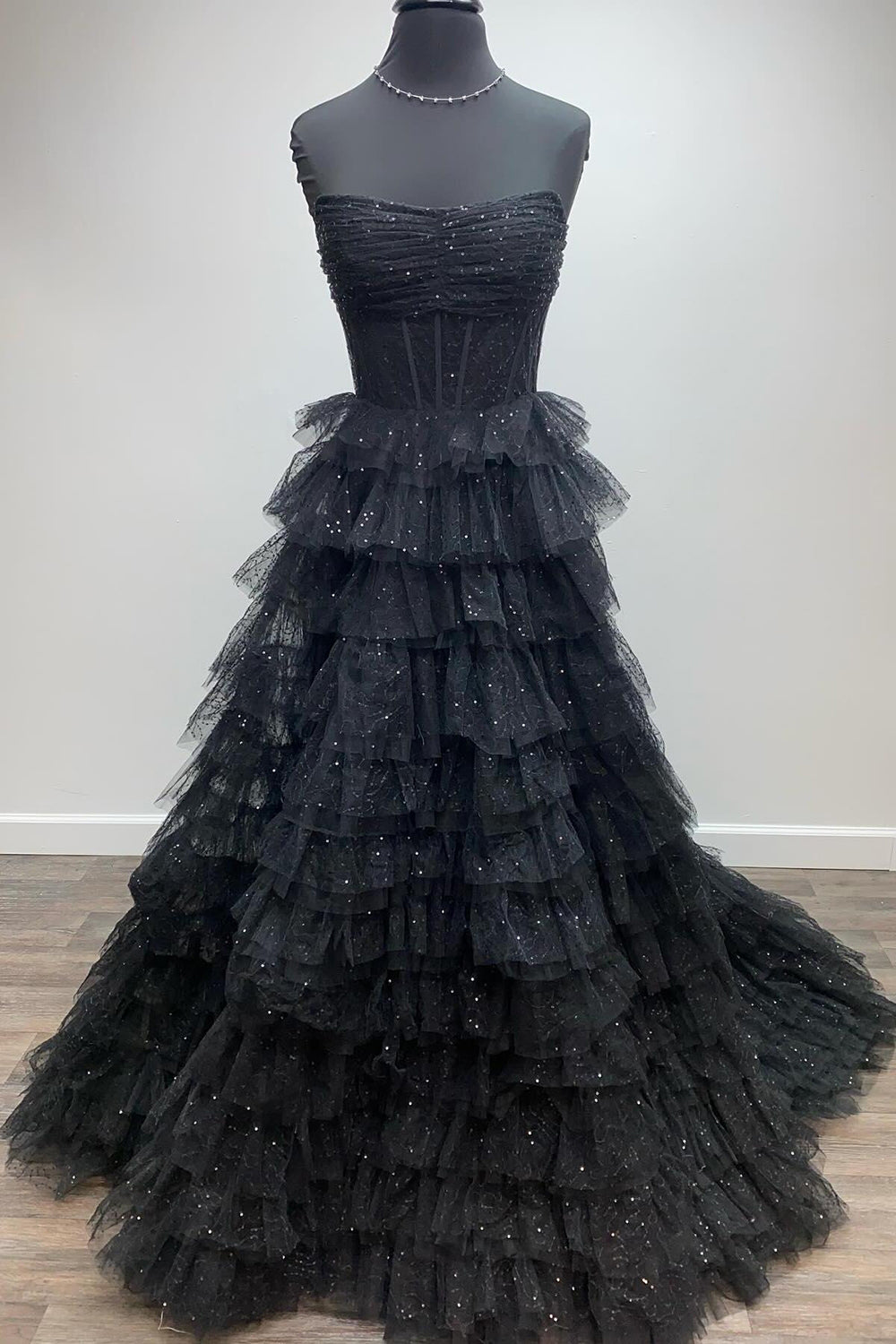 Strapless Long Prom Dress in Golden Tulle with Tiered Layers and Slit