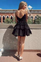 Glitter Black Tiered Spaghetti Straps Short Homecoming Dress/Mini Dress