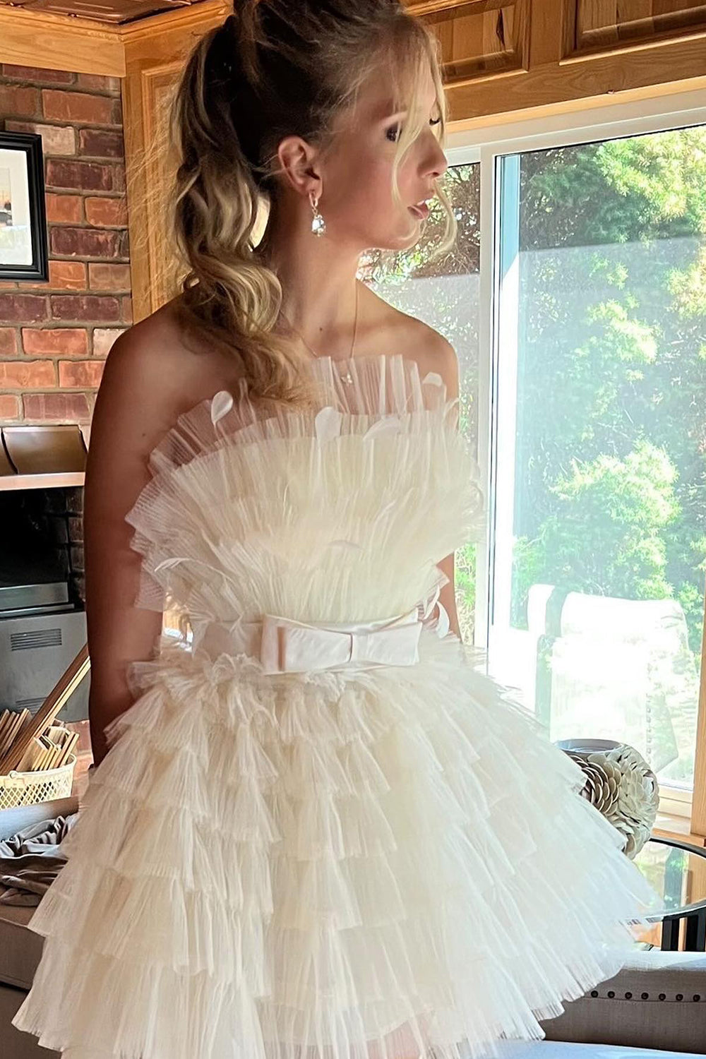 A-Line Light Blue Strapless Tiered Tulle Short Homecoming Dress/Mini Dress