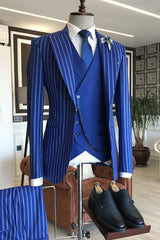 Gentle Blue with Striped Three-Piece Peaked Lapel Business Bespoke Suits