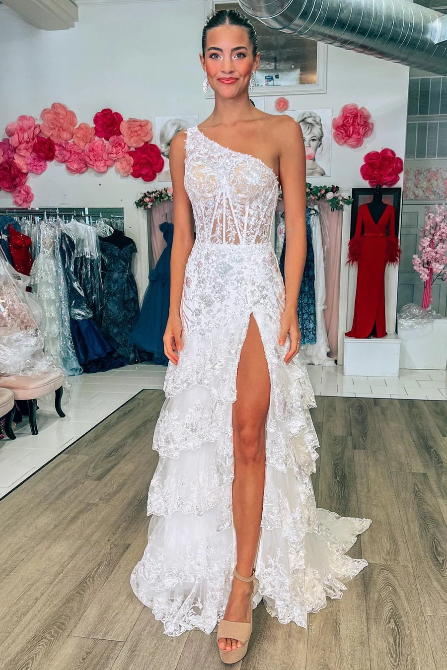 Navy Lace Corset Prom Dress with Sparkly Ruffles and One Shoulder A-Line