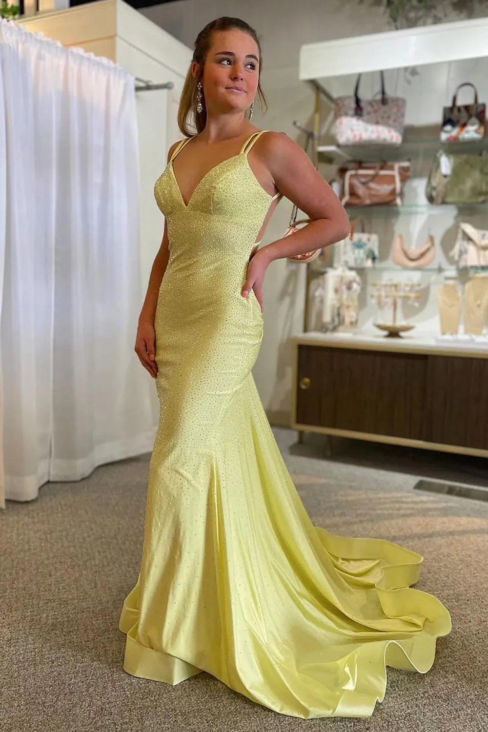 Long White Prom Dress with Sparkly Mermaid Silhouette and Sequined Spaghetti Straps