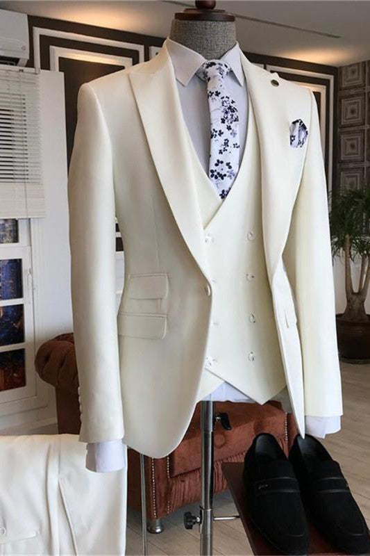 Caiden White Peaked-Lapel Bespoke Three-Piece Men's Suits for Weddings