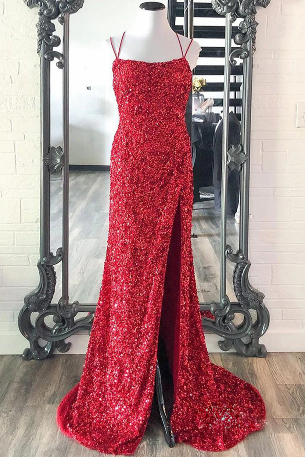 Long Red Prom Dress with Mermaid Sequins and Slit