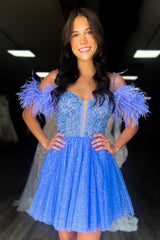 Sparkly Red Corset A-Line Short Homecoming Dress/Mini Dress with Feathers