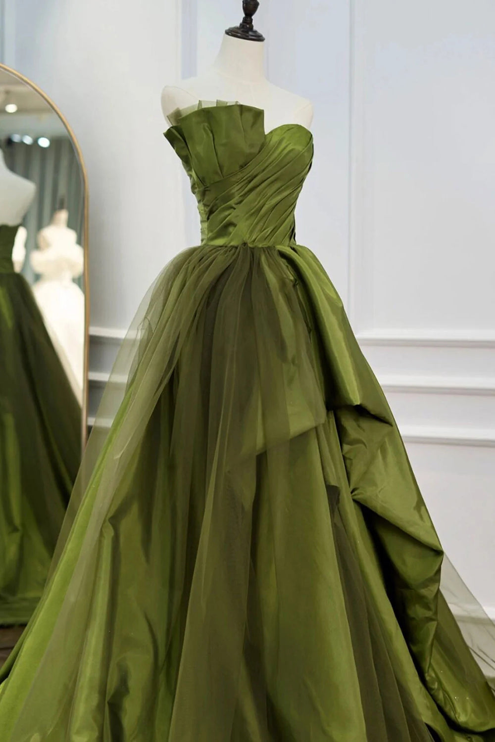 Long Green Prom Dress with Asymmetrical Ruffled Strapless A-Line