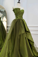 Long Green Prom Dress with Asymmetrical Ruffled Strapless A-Line