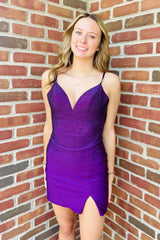 Sparkly Purple Sequins Beaded Tight Short Homecoming Dress/Mini Dress with Slit