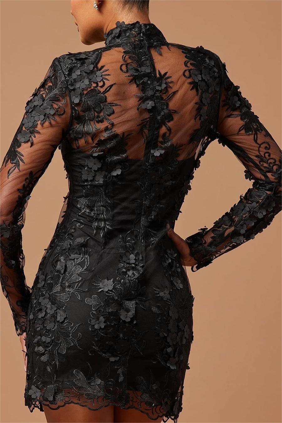 Stunning Black High Neck Long Sleeves Short Formal Dress With Flower Appliques